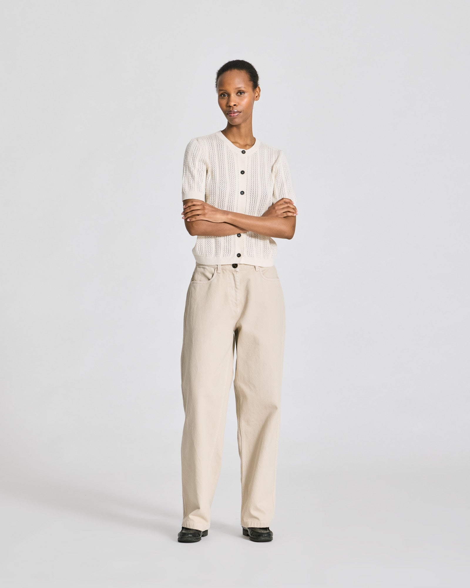 GAI+LISVA Delia S/S Cardigan Cotton Pointel Knit GOTS Cotton l Knitwear 124 Whisper White