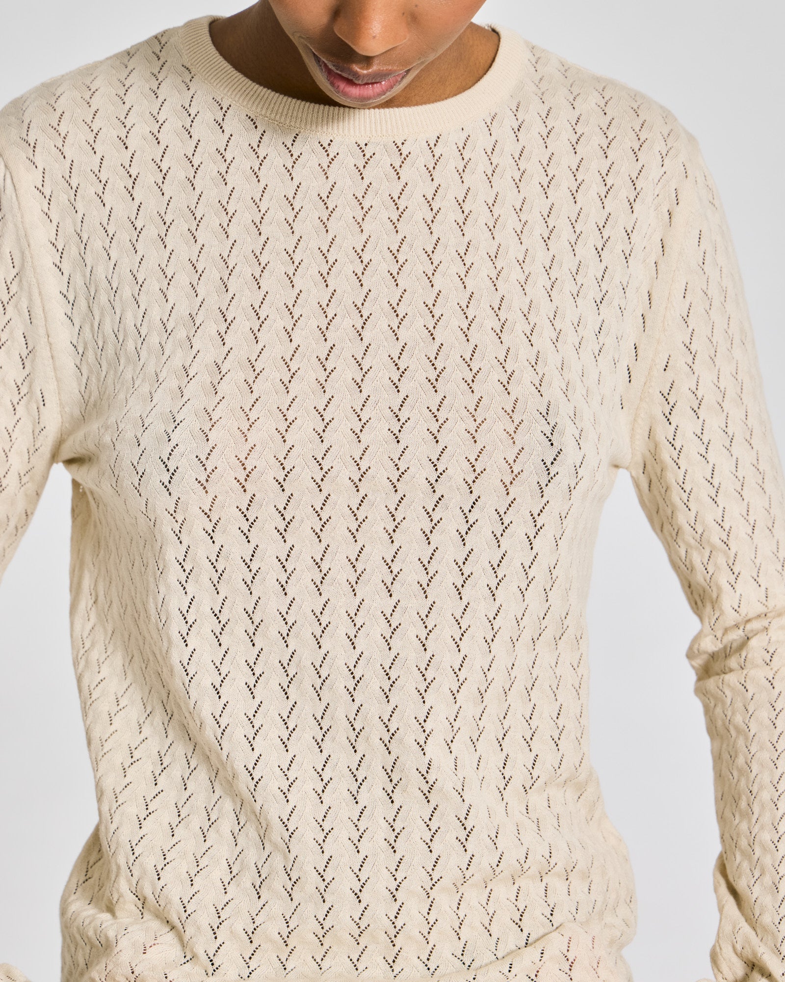 GAI+LISVA Freja L/S Leaves Pointel Knit Top - GOTS Cotton l Knitwear 151 Ecru